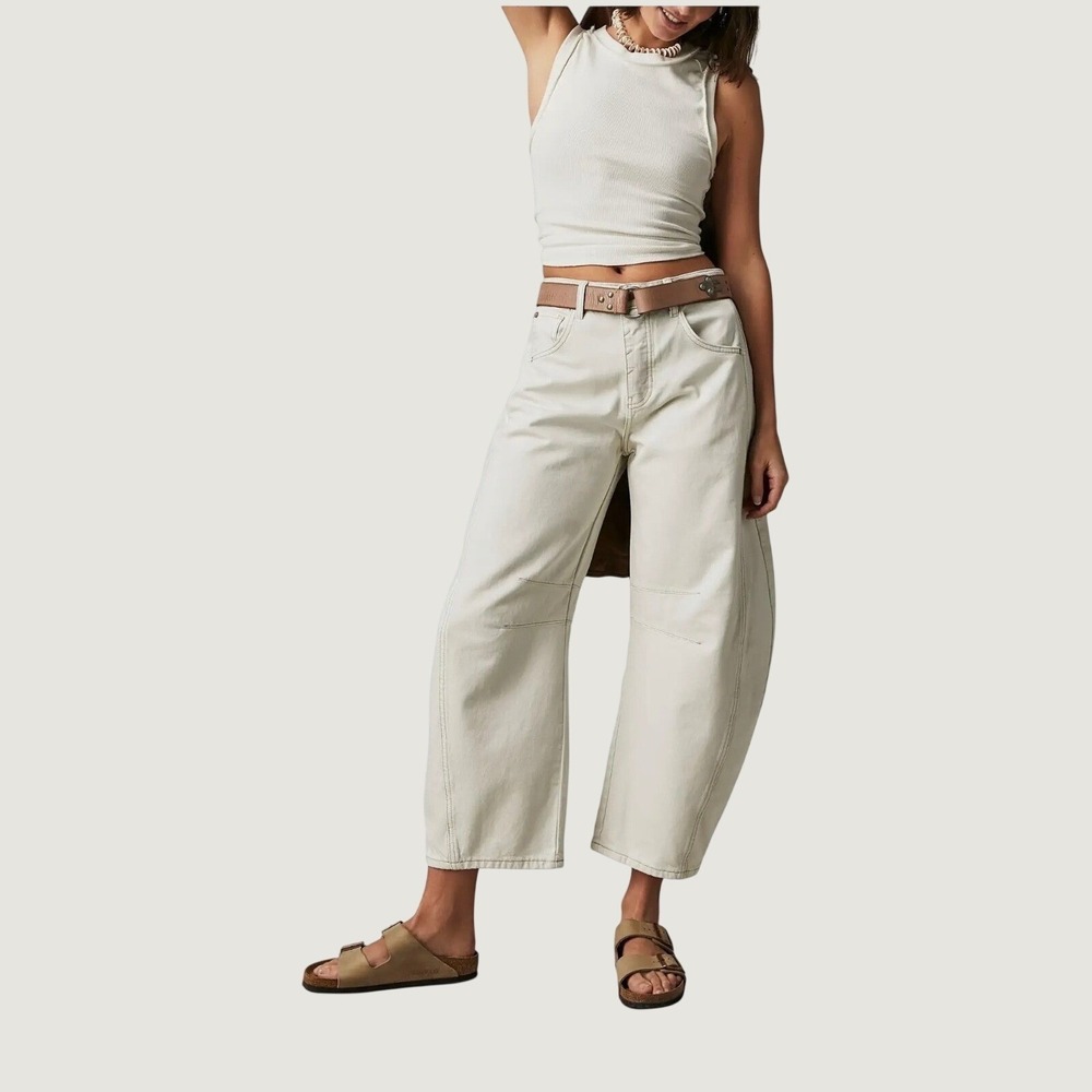 We the Free Lucky You Mid-Rise Barrel Jeans Size 28 Beige Denim 30x26